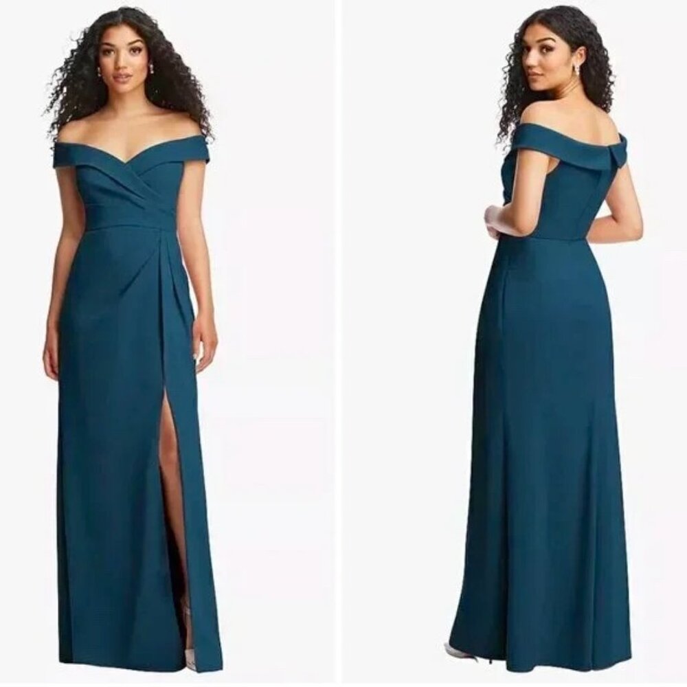 NWT After Six Cuffed Off-the-Shoulder Pleated Faux Wrap Maxi Dress Blue Size 6